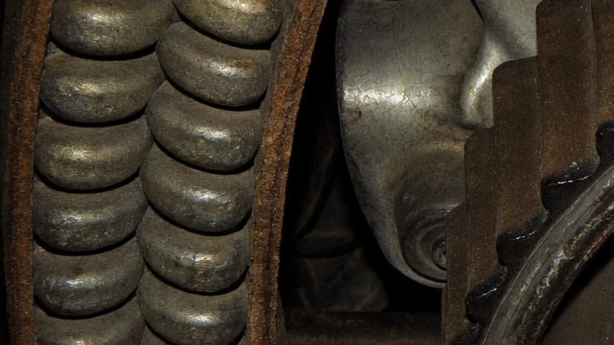 Close-up of an engine timing belt and pulley