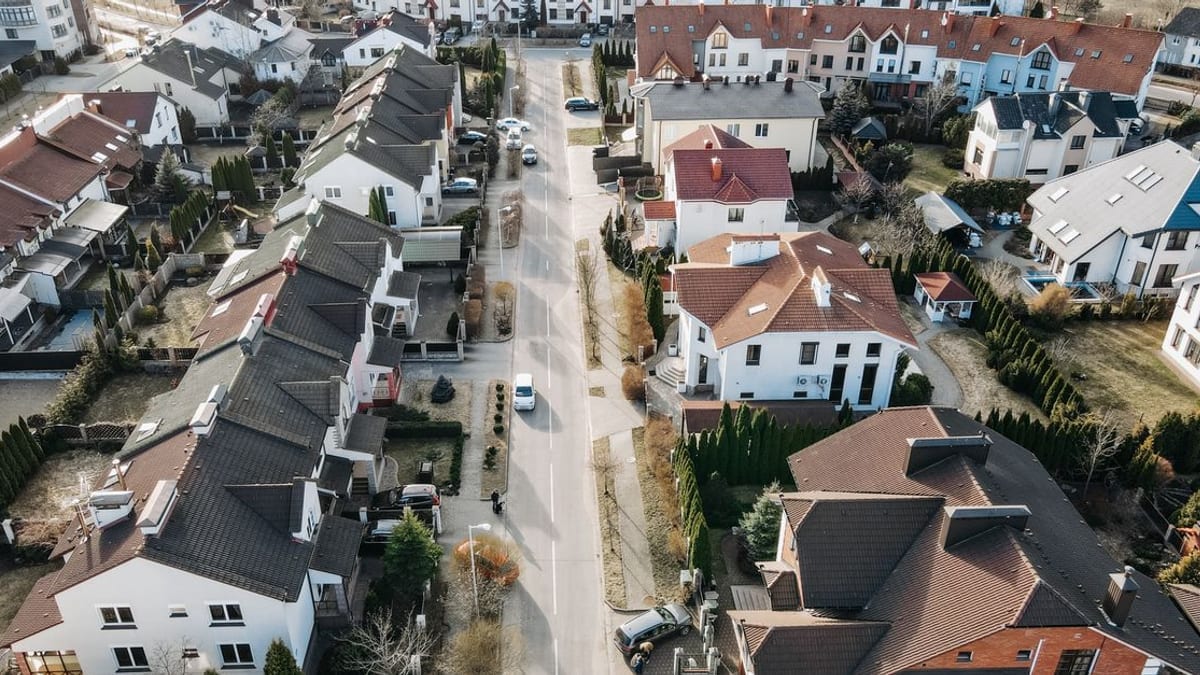 An aerial view of a residential street
